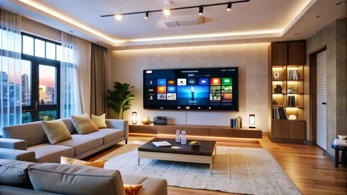 Een woonkamer waar een tv staat en IPTV is geïnstalleerd.